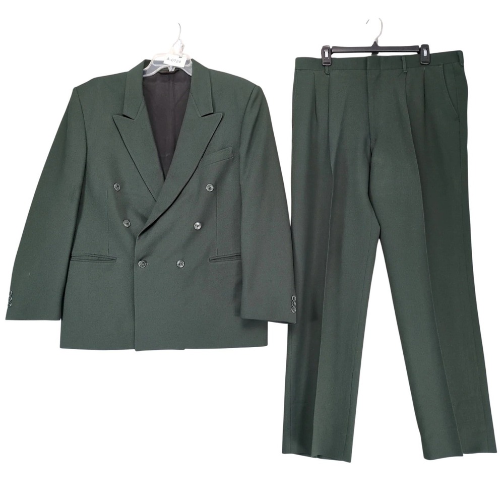 Vintage 80s Primo Dark Green Double Breasted 2pc Suit Mens 46R Jacket 36x33 Pant